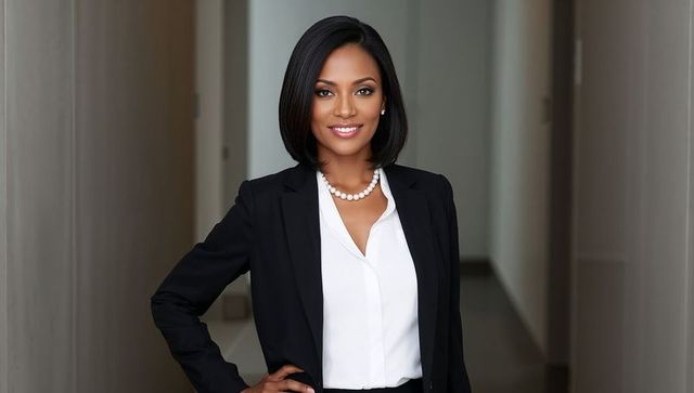 Confident Businesswoman in Corporate Corridor Wearing Black Blazer