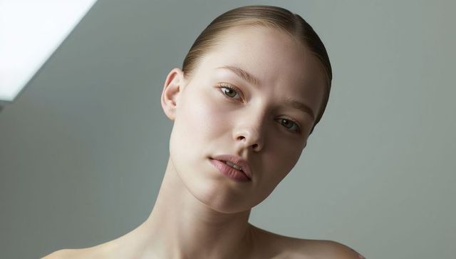Minimalist beauty closeup young woman tilting head, smooth skin, neutral gray, soft light