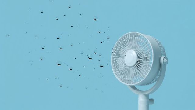 Pedestal Fan Blowing Water Droplets Against Blue Background