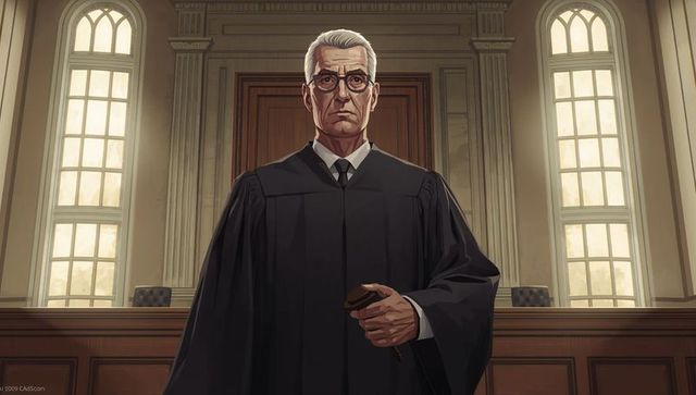 Senior male judge holding wooden gavel standing at courtroom bench conveying authority