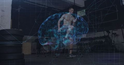 Athlete balancing on plyo box with holographic brain overlay in dim gym for balance, focus