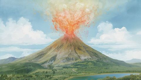 Spectacular Volcanic Eruption with Fiery Lava and Ash Plume in Scenic Landscape