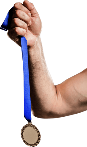 A powerful depiction of a hand firmly holding a gold medal with a blue ribbon conveys victory and triumph. The image is perfect for promoting athletic events, sports competitions, success stories, and motivational content. Its transparent background adds versatility for designers looking to blend it seamlessly with various projects and themes.