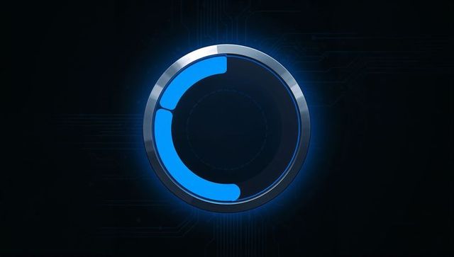 Displaying metallic-rimmed progress ring glowing blue on dark circuit board interface