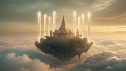Floating god's temple above clouds with glowing pillars at sunset