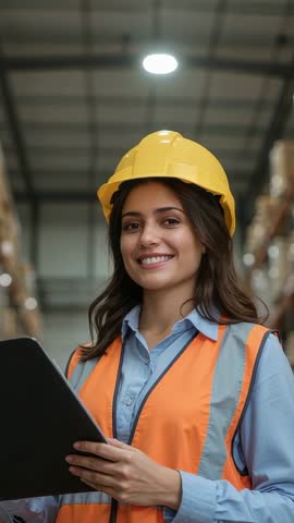 Scanning warehouse inventory and verifying stock with clipboard and hard hat vertical video