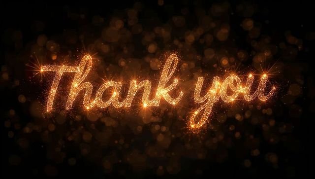 Golden Thank You Script Glowing with Sparkling Particles, Bokeh, Elegant Typography