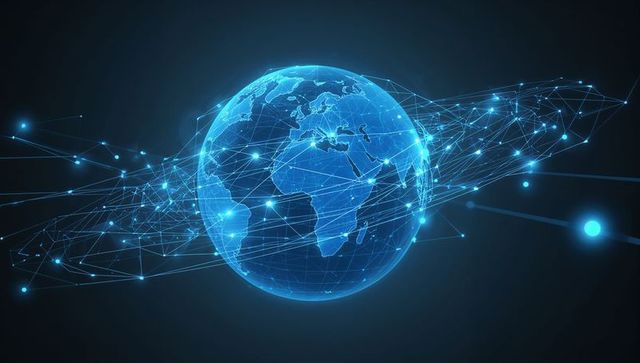 Glowing Digital Globe Featuring Africa Europe Middle East with Network Nodes and Data Streams