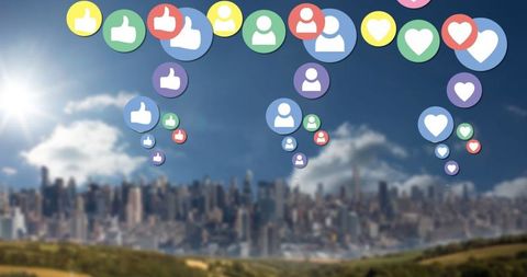 Social Media Interaction Icons Overlaying Urban Skyline - Download Free Stock Images Pikwizard.com