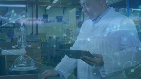 Scientist Analyzing Data on Tablet in Laboratory Against Digital Interface