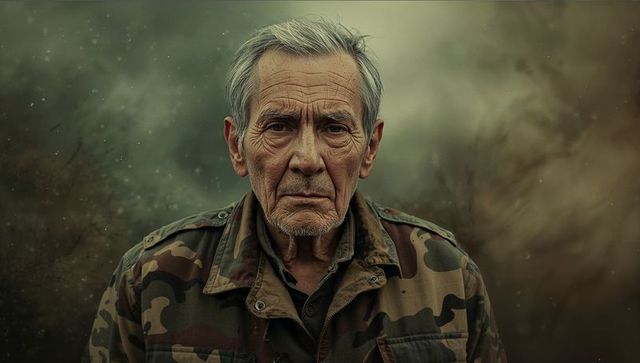 Portrait of senior male veteran standing in mysterious forest