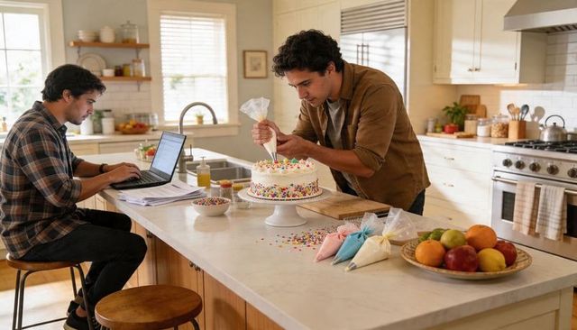 Man decorating celebration cake on sunlit kitchen island with laptop and frosting bags
