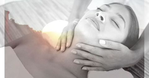 Monochrome Portrait of Woman Relaxing with Massage and Scenic Background