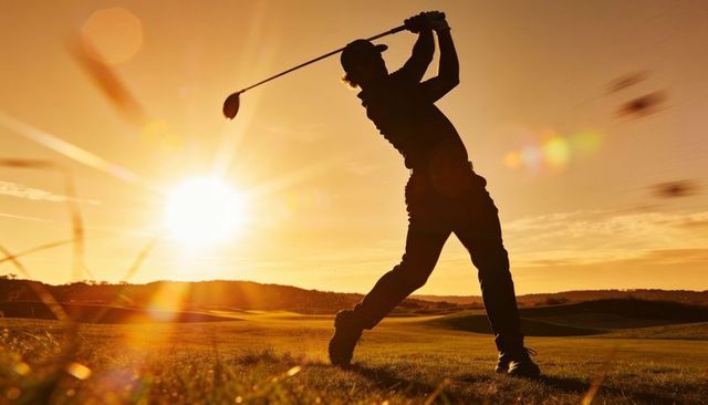 Silhouetted golfer swinging driver at golden sunset with lens flare and motion