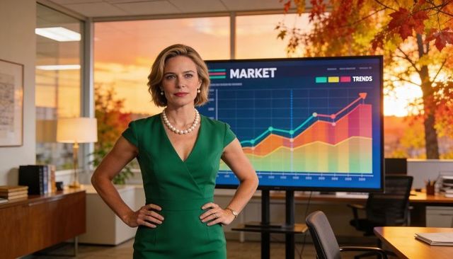 Confident executive presenting market trends on display in office with autumn light