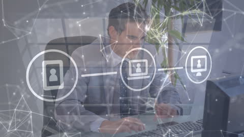 Businessman Analyzing Virtual Network Data in Office