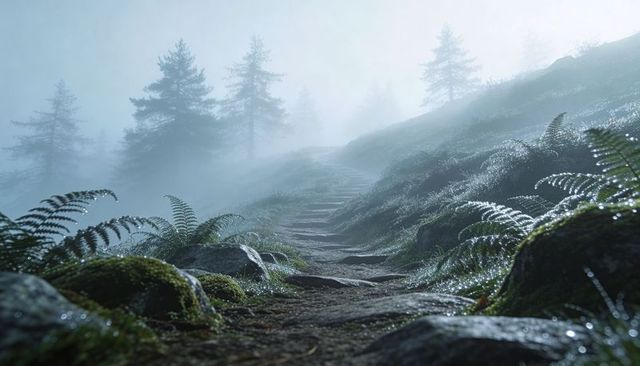 Misty mossy trail ascending through conifer forest with stone steps and dewy ferns