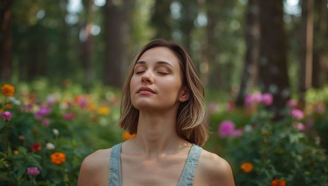 Young woman breathing deeply among wildflowers in forest for mindfulness and wellness