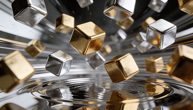 Floating gold and silver cubes over reflective rippling surface, metallic abstract motion