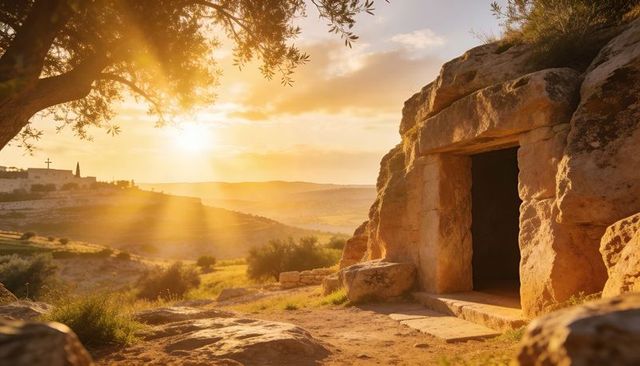 Sunlit ancient rock tomb entrance at golden sunset over rolling hills and olive groves