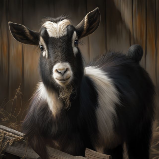Young black and white goat standing in rustic wooden barn looking at camera. Perfect for farming, countryside, or animal-themed designs. Great for promoting livestock businesses, petting zoos, or children's educational materials.