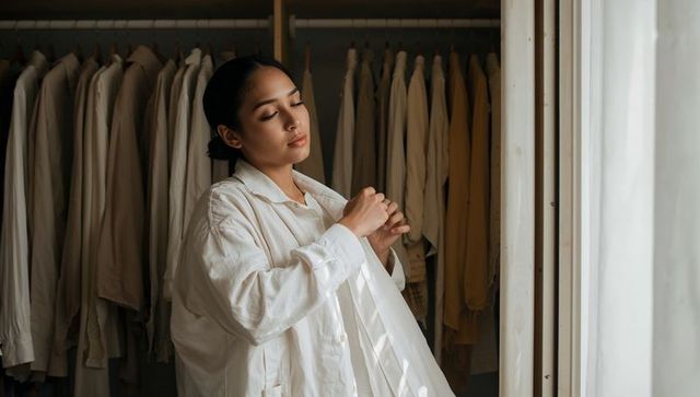 Minimalist morning dressing woman choosing neutral outfit from organized wardrobe