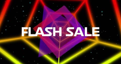 Flash sale neon synthwave banner featuring holographic polygon, retro futuristic typography