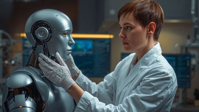 Researcher examining humanoid robot in advanced lab setting
