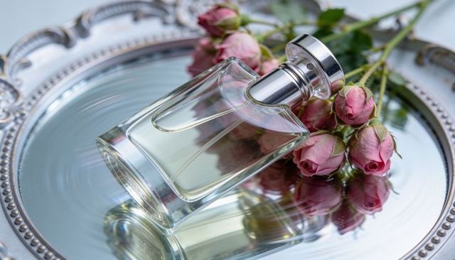 Resting glass perfume bottle on mirrored silver tray reflecting delicate pink rosebuds