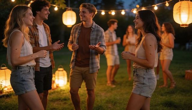 Young friends chatting at evening backyard party with string lights and lanterns