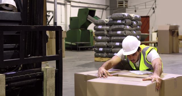 Warehouse worker checking cardboard boxes for shipping in a warehouse