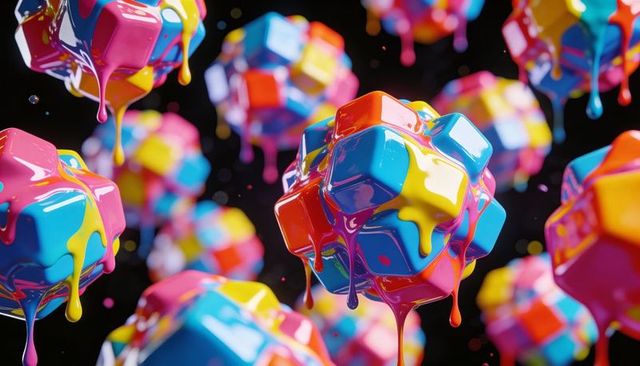 Glossy multicolor polyhedral clusters dripping cyan magenta yellow paint with neon bokeh