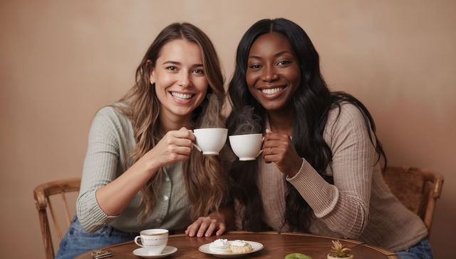 Two women clinking white teacups and smiling at cozy cafe table sharing tea and pastries