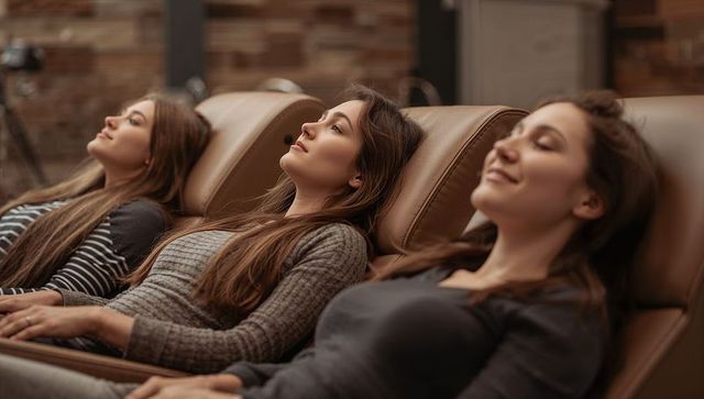Three women relaxing on leather recliners in spa lounge for wellness and calm