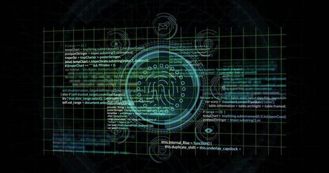 Futuristic circular hud interface with pulsing rings, code overlay and neon green grid