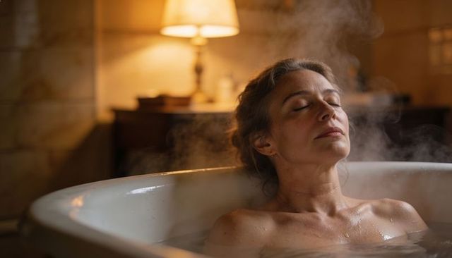Mature woman relaxing in steamy freestanding bathtub with warm lamp glow, spa ambience