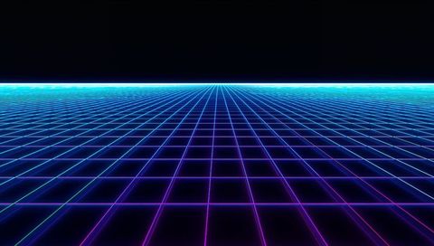 Neon wireframe grid horizon in synthwave style featuring magenta and cyan glow retrofuturistic