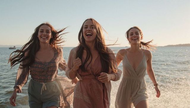 Three friends running along sunlit shore laughing and enjoying golden hour beach
