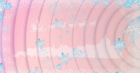 Festive snowflakes and santa sleigh over cityscape on pink