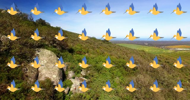 Flying Bird Icons Over Picturesque Valley Landscape celebrating Bird Day - Download Free Stock Images Pikwizard.com