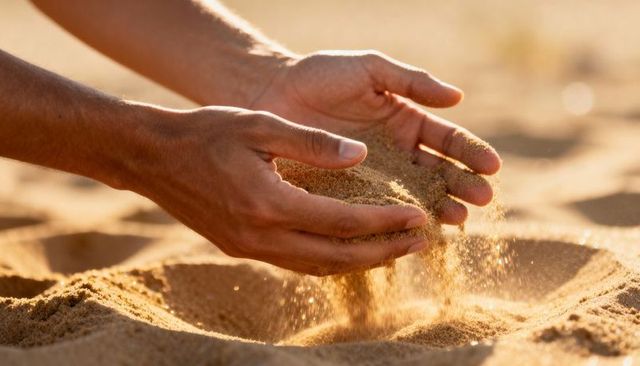 Releasing golden sand through hands on sunlit beach closeup texture and motion