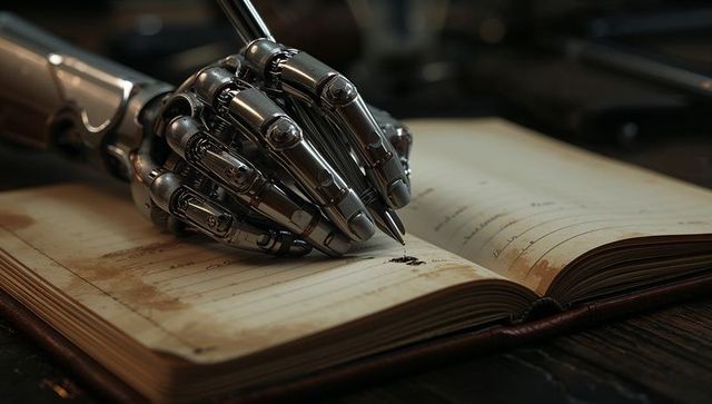 Robotic hand writing in vintage journal with ink blot, macro mechanical prosthetic close-up