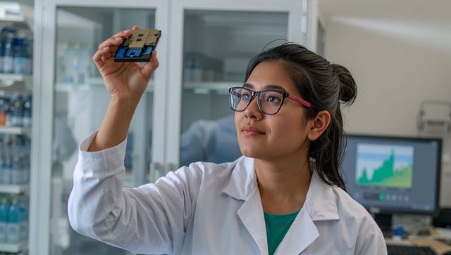 Scientist analyzing microchip in lab setting with equipment background