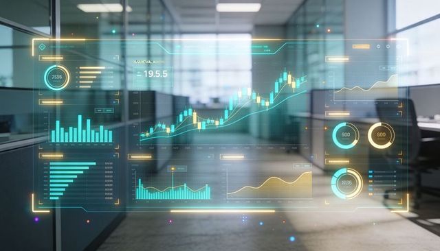 Holographic financial dashboard floating in open-plan office showing candlestick charts