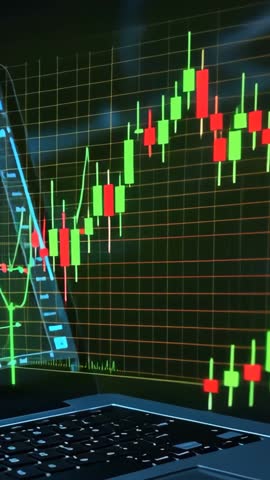 Vertical finance video displaying laptop and smartphone showing rising candlestick chart