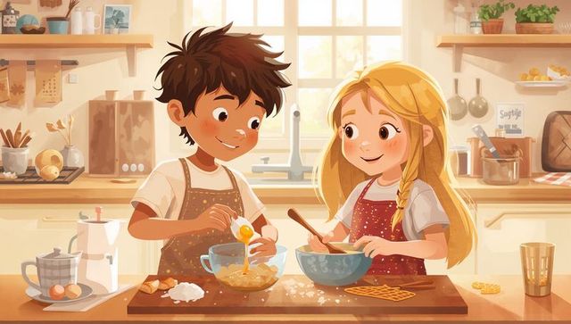 Children baking together in sunlit kitchen mixing batter and cracking eggs