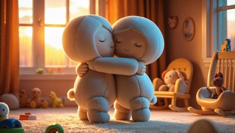 Adorable figurine toys embracing in warm nursery scene