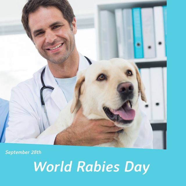 World rabies day text banner over portrait of caucasian male vet holding a dog smiling at the clinic. World rabies day awareness concept