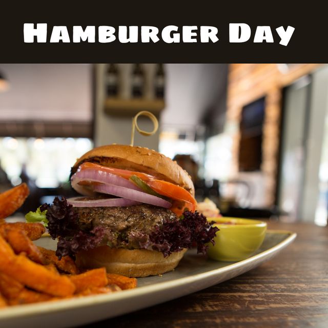 Close-up of Celebratory Burger with Fries for Hamburger Day - Download Free Stock Templates Pikwizard.com