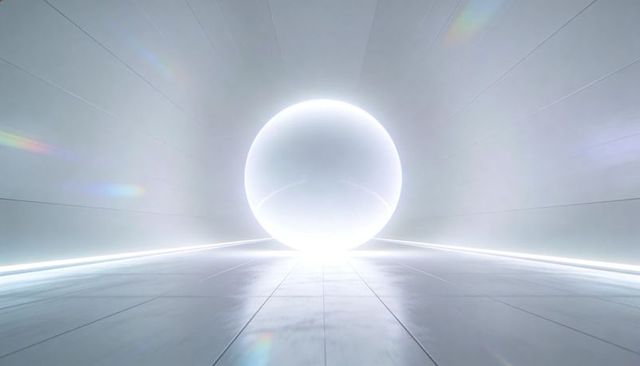 Glowing orb emitting brilliant light in futuristic minimalist chamber with reflective tiles